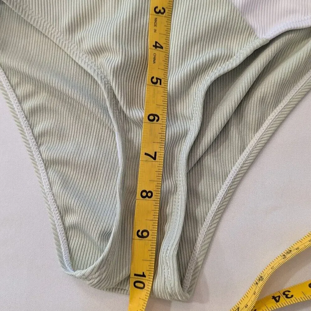 Girls Ribbed Bikini Set 12-13Y Sage Green & Ivory Color Block Ring Detail